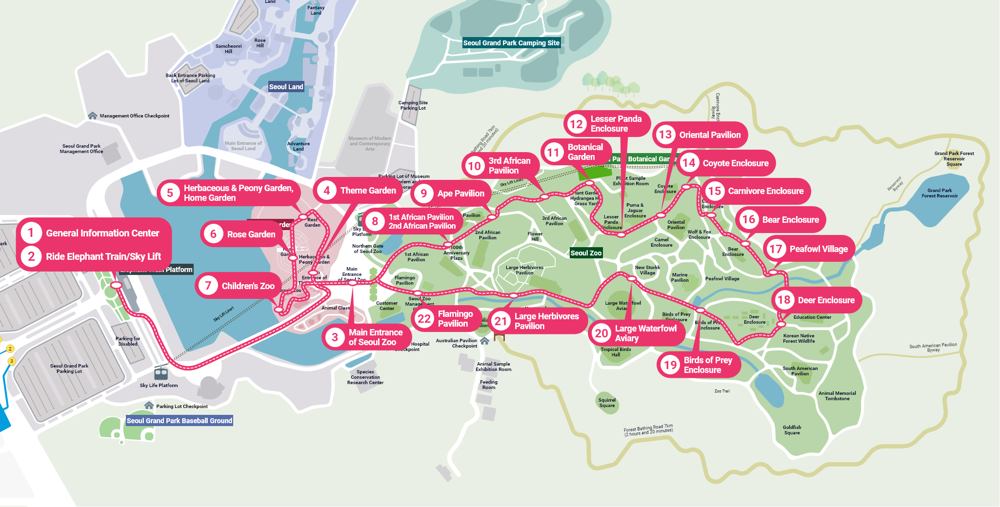 1. General Information Center → 2. Ride Elephant Train/Sky Lift → 3. Main Entrance of Seoul Zoo → 4. Theme Garden → 5. Herbaceous & Peony Garden, Home Garden → 6. Rose Garden → 7. Children's Zoo → 8. 1st African Pavilion/2nd African Pavilion → 9. Ape Pavilion → 10. 3rd African Pavilion → 11. Botanical Garden → 12. Lesser Panda Enclosure → 13. Oriental Pavilion → 14. Coyote Enclosure → 15. Carnivore Enclosure → 16. Bear Enclosure → 17. Peafowl Village → 18. Deer Enclosure → 19. Birds of Prey Enclosure → 20. Large Waterfowl Aviary → 21. Large Herbivores Pavilion → 22. Flamingo Pavilion