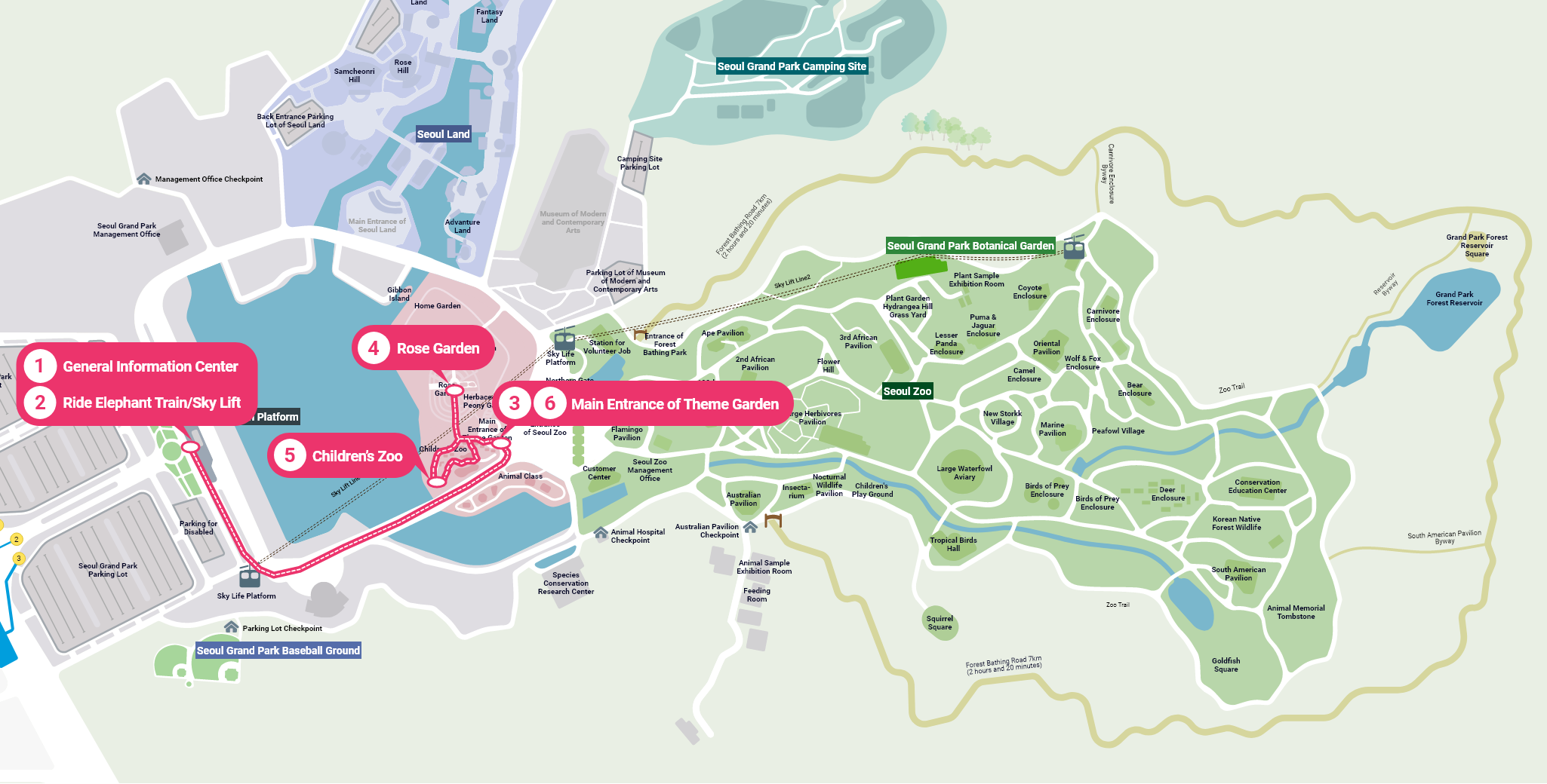 1. General Information Center → 2. Elephant Train/Ride Sky Lift → 3. Main Entrance of Theme Garden → 4. Rose Garden → 5. 어린이동물원 → 6. Main Entrance of Theme Garden