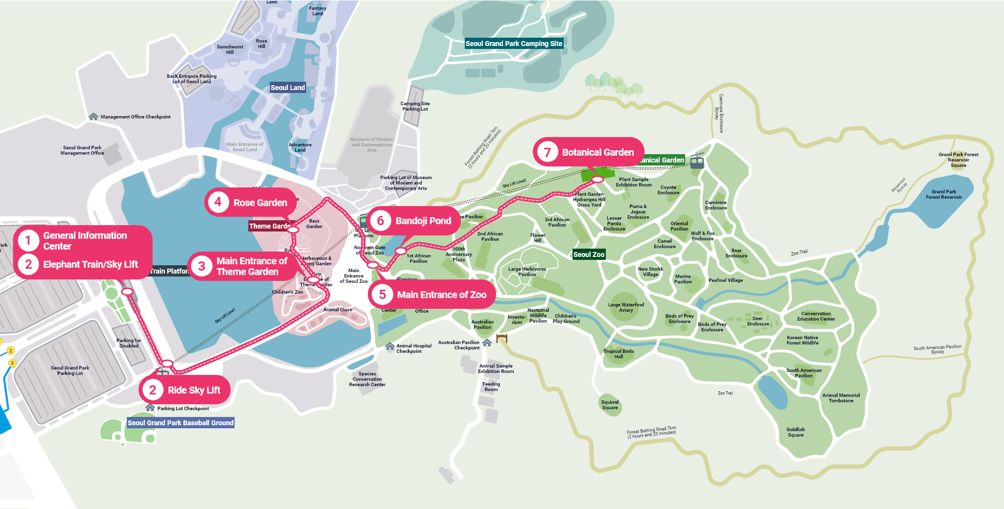 1. General Information Center →  2. Ride Elephant Train/Skye Lift →  3. Main Entrance of Theme Garden  →  4. Rose Graden  →  5. Main Entance of Zoo  →  6. Bandoji Pond  →  7. Botanical Garden