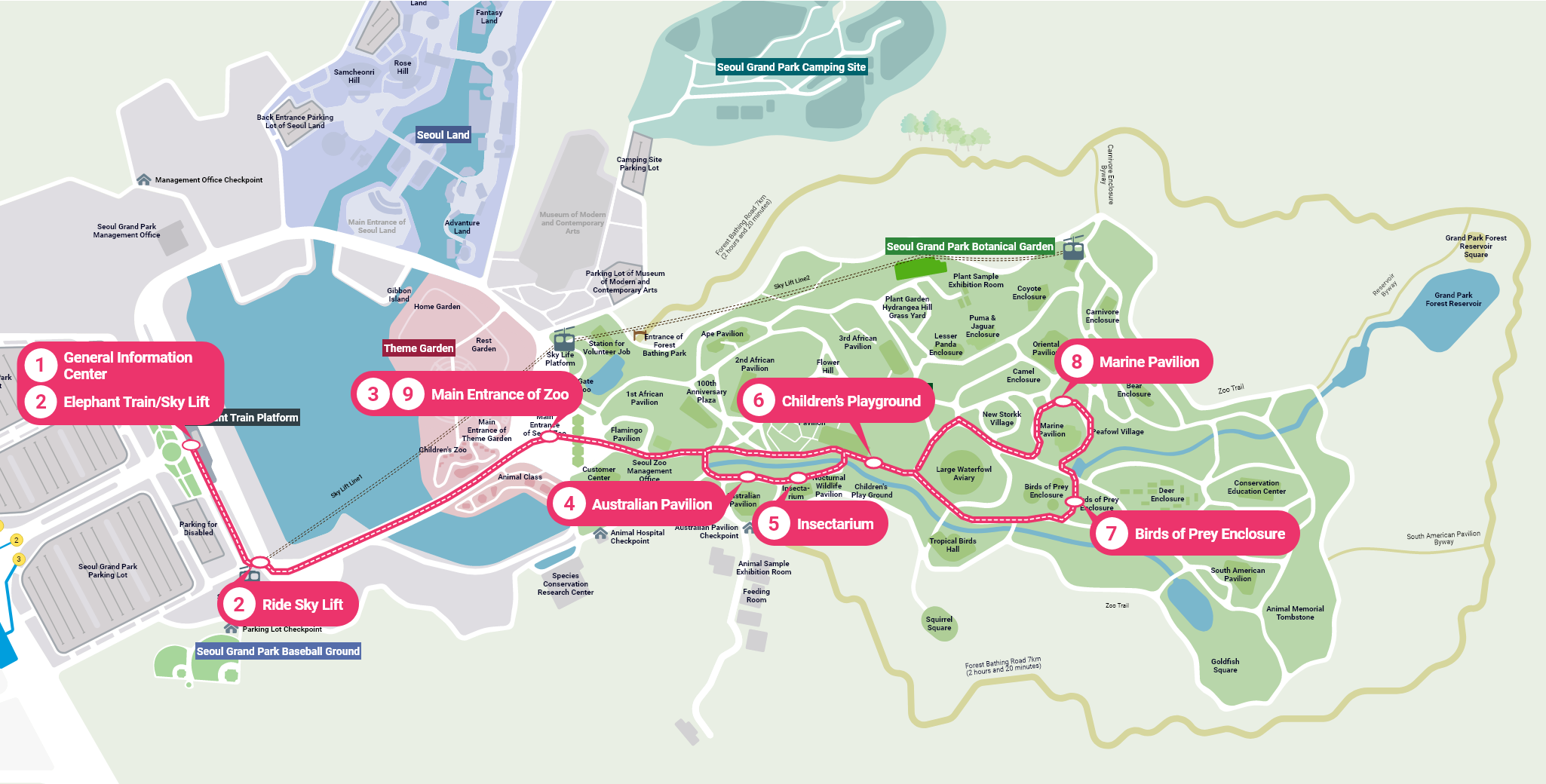 1. General Information Center → 2. Elephant Train/Ride Sky Lift → 3. Main Entrance of Zoo → 4. Australian Pavilion → 5. Insectarium → 6. Children’s Playground → 7. Birds of Prey Enclosure → 8. Marine Pavilion → 9. Main Entrance of Zoo