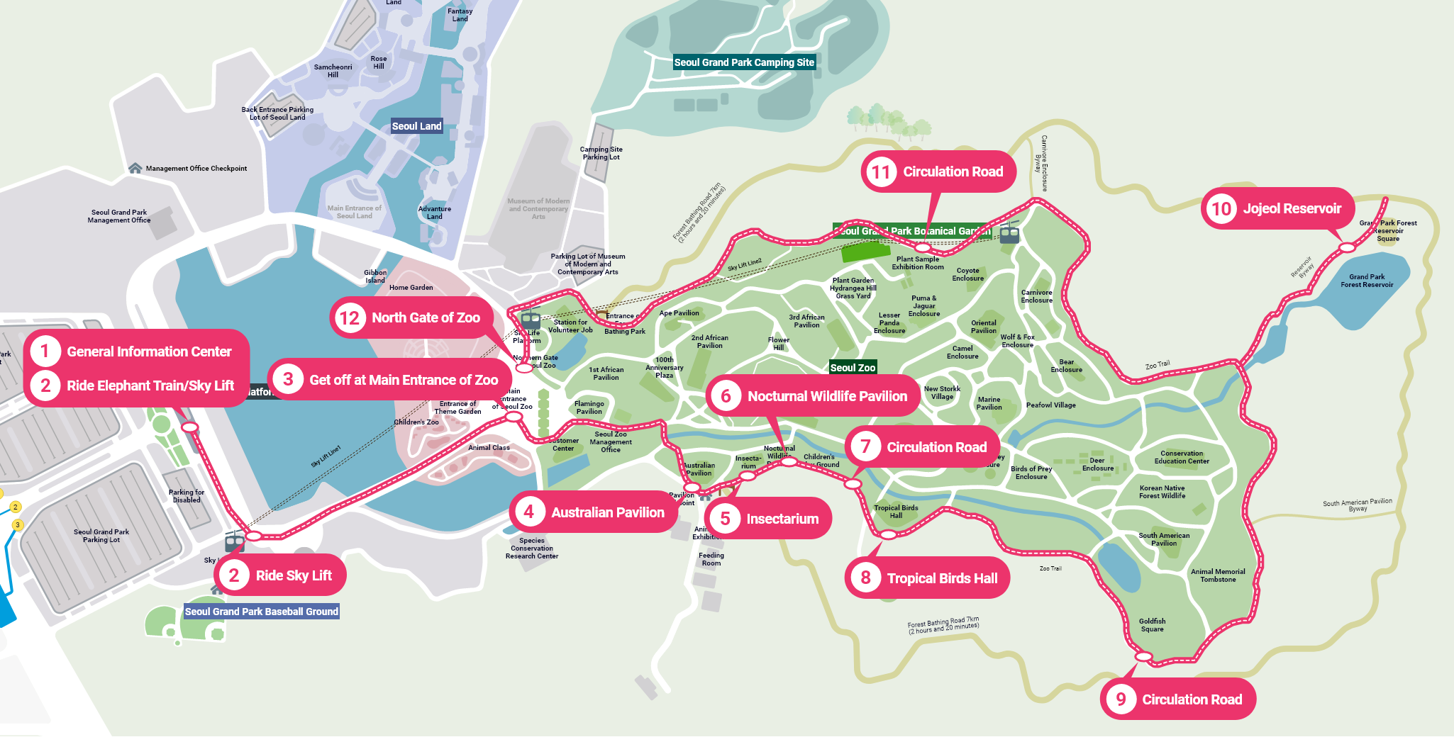 1. General Information Center → 2. Elephant Train/Ride Sky Lift → 3. Get off at Main Entrance of Zoo → 4. Australian Pavilion → 5. Insectarium → 6. Nocturnal Wildlife Pavilion→ 7. Circulation Road → 8. Tropical Birds Hall → 9. Circulation Road → 10. Jojeol Reservoir → 11. Circulation Road → 12. North Gate of Zoo