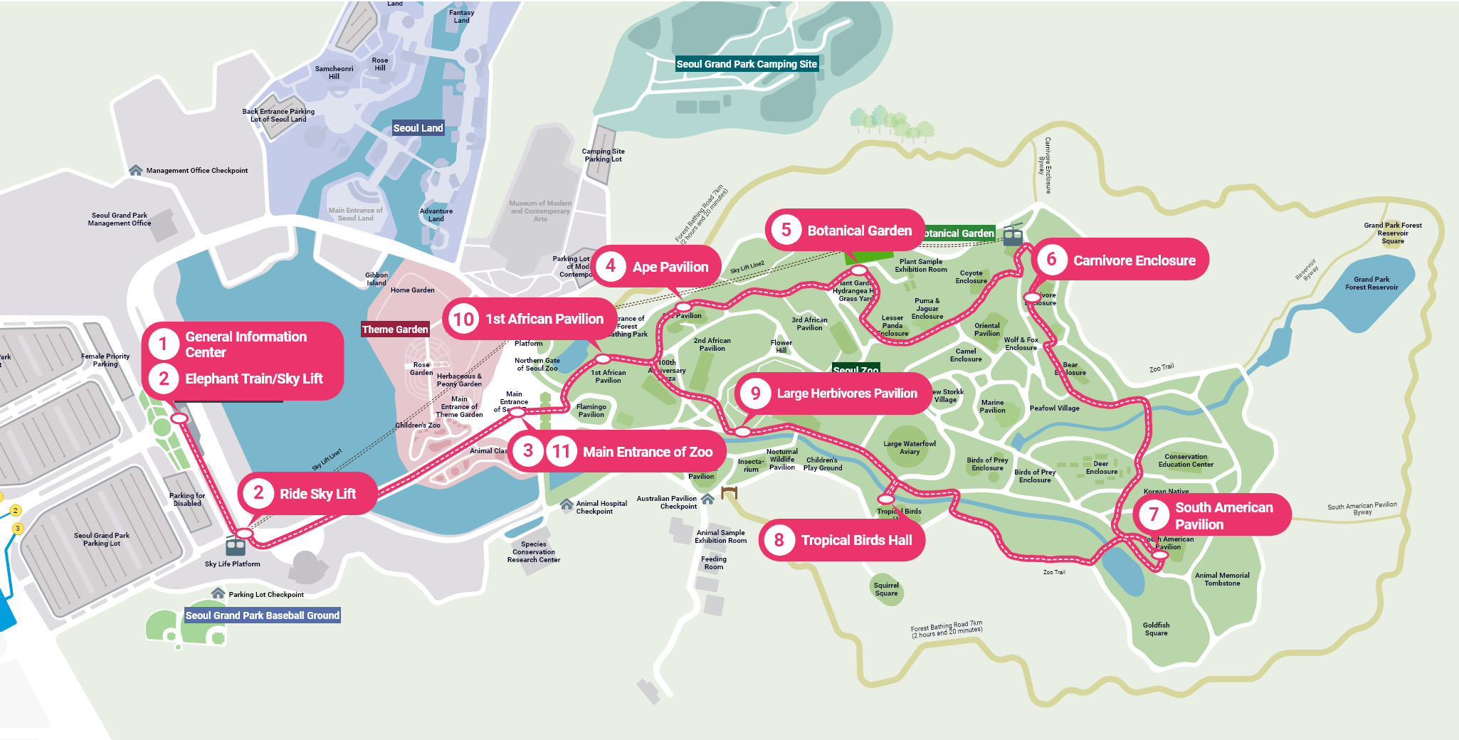 1. General Information Center →  2. Ride Elephant Train/Skye Lift →  3. Main Entrance of Zoo →  4. Ape Pavilion →  5. Botanical Garden →  6. Carnivore Enclosure →  7. South American Pavilion →  8. Tropical Birds Hall →  9. Large Herbivores Pavilion →  10. 1st African Pavilion →  11. Main Entrance of Zoo