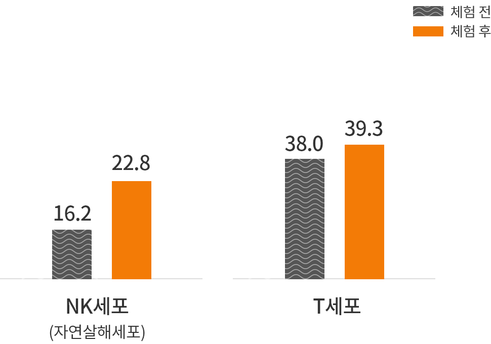 체험 전과 체험 후의 NK세포, T세포 비교 그래프