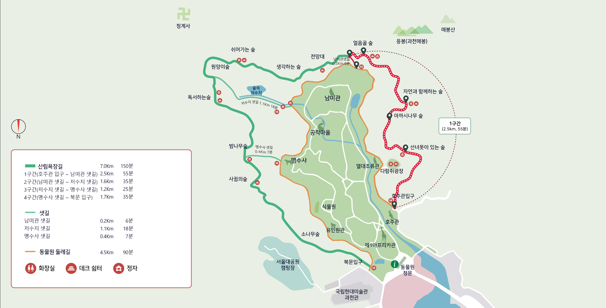 산림욕장 1구간 지도, 산림욕장은 동물원 외곽 산속에 위치한8km(간선 6.9km, 지선 1.1km)의 길이에 4개의 구간이 있습니다. 4개의 구간중 1구간(2.5km, 55분)은 호주관 입구(화장실 존재)→선녀못이 있는 숲(정자 존재)→아끼시나무 숲→자연과 함께하는 숲(정자,데크쉼터 존재)→얼음골 숲(데크쉼터, 정자 존재)이 있습니다. 1구간 끝에는 2구간 길과 남미관 샛길(0.2km, 6분, 화장실 존재, 동물원 둘레길로 이어짐)등이 이어져 있습니다.