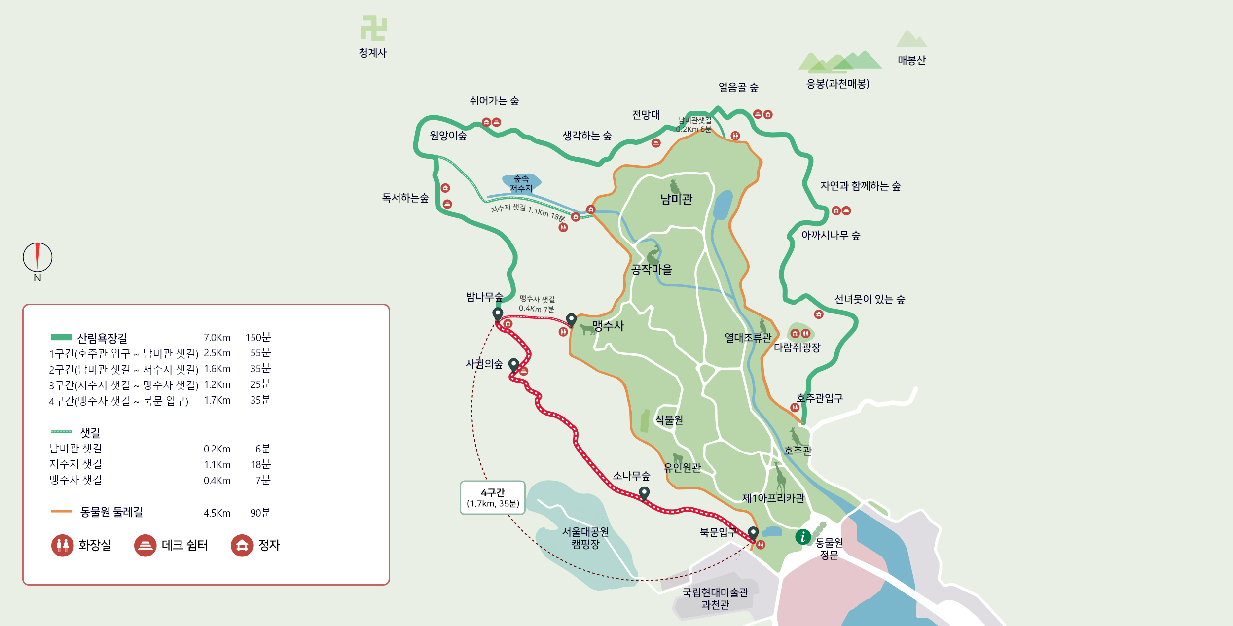 산림욕장 4구간 지도, 산림욕장은 동물원 외곽 산속에 위치한8km(간선 6.9km, 지선 1.1km)의 길이에 4개의 구간이 있습니다. 4개의 구간중 4구간(1.7km, 35분)은 3구간 끝 혹은 맹수사 샛길(0.4km, 7분, 화장실 존재, 동물원 둘레길로 이어짐)을 통해 시작할 수 있습니다. 그리고 밤나무 숲(정자 존재)→사귐의 숲(데크쉼터 존재)→소나무 숲→북문입구(화장실 존재)가 있습니다. 