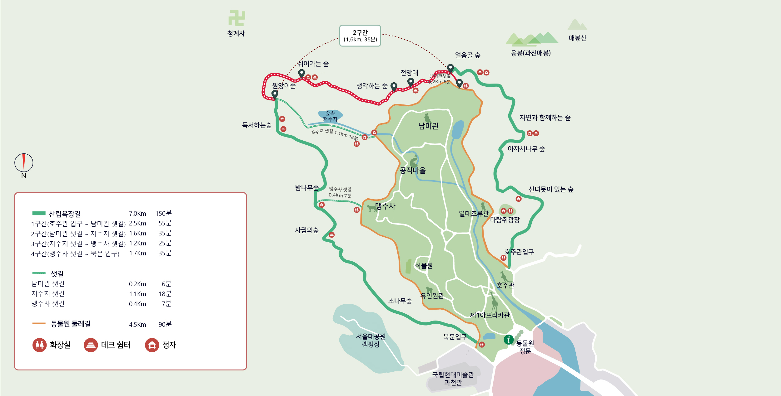 산림욕장 2구간 지도, 산림욕장은 동물원 외곽 산속에 위치한8km(간선 6.9km, 지선 1.1km)의 길이에 4개의 구간이 있습니다. 4개의 구간중 2구간(1.6km, 35분)은 전망대(데크쉼터 존재)→생각하는 숲→쉬어가는 숲(정자,데크쉼터 존재)→원앙이 숲이 있습니다. 2구간 끝에는 3구간 길과 저수지 샛길(1.1km, 18분, 정자 존재, 동물원 둘레길로 이어짐)등이 있습니다.