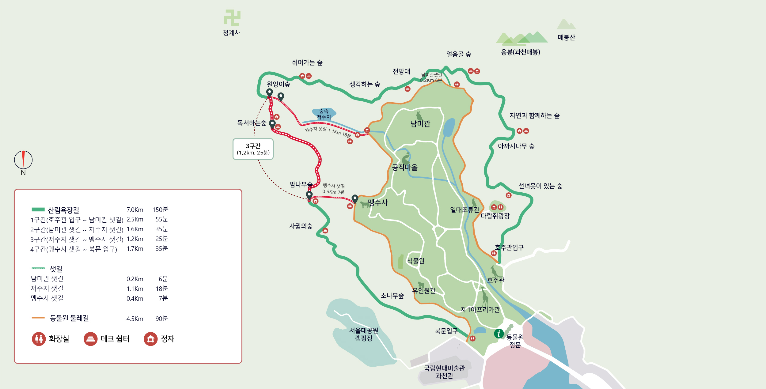 산림욕장 3구간 지도, 산림욕장은 동물원 외곽 산속에 위치한8km(간선 6.9km, 지선 1.1km)의 길이에 4개의 구간이 있습니다. 4개의 구간중 3구간(1.2km, 25분)은 2구간 끝 혹은 저수지 샛길(1.1km, 18분, 정자 존재, 동물원 둘레길로 이어짐)을 통해 시작할 수 있습니다. 그리고 원앙이 숲→독서하는 숲(정자, 데크쉼터 존재)→밤나무 숲(정자 존재)이 있습니다. 3구간 끝에는 4구간 길과 맹수사 샛길(0.4km, 7분, 화장실 존재, 동물원 둘레길로 이어짐)등이 있습니다.