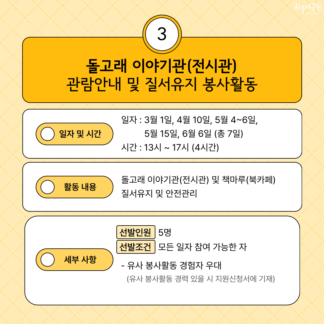 3. 돌고래이야기관(전시관) 관람안내 및 질서유지 봉사활동 일자 및 시간 일자: 3월 1일, 4월 10일, 5월 4~6일, 5월 15일, 6월 6일(총 7일) 시간: 13시~17시(4시간) 활동내용: 돌고래 이야기관(전시관) 및 책마루(북카페) 질서유지 및 안전관리 세부사항: 선발인원: 5명 선발조건 : 모든 일자 참여 가능한 자 -유사 봉사활동 경험자 우대(유사 봉사활동 경력 있을 시 지원신청서에 기재)