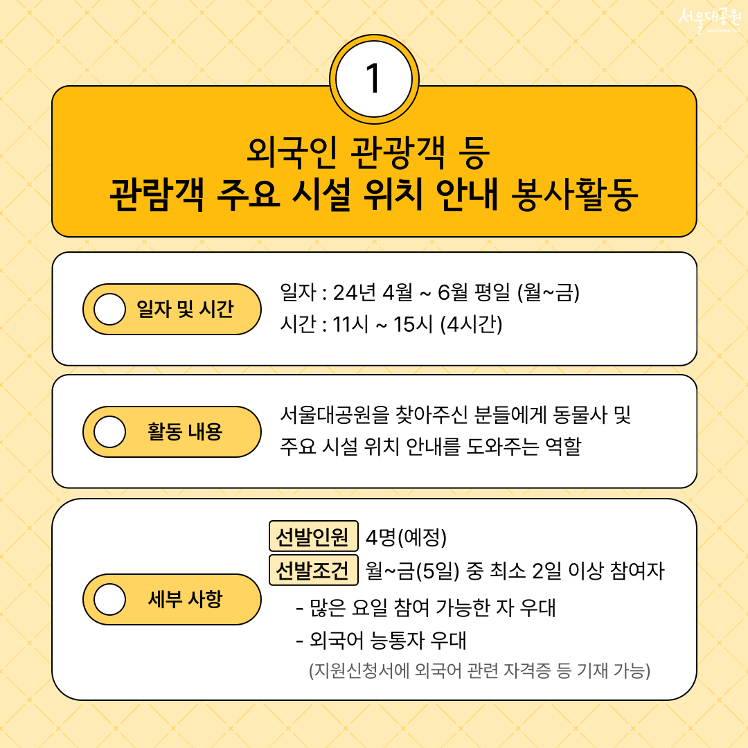 1. 외국인 관람객 등 관람객 주요 시설 위치 안내 봉사활동 일자 및 시간: 일자: 24년 4월~6월 평일(월~금) 시간:11시~15시(4시간) 활동내용: 서울대공원을 찾아주신 분들에게 동물사 및 주요 시설 위치 안내를 도와주는 역할 세부사항: 선발인원: 4명(예정) 선발조건: 월~금(5일) 중 최소 2일 이상 참여자 -많은 요일 참여 가능한 자 우대 -외국어 능통자 우대(지원신청서에 외국어 관련 자격증 등 기재 가능)