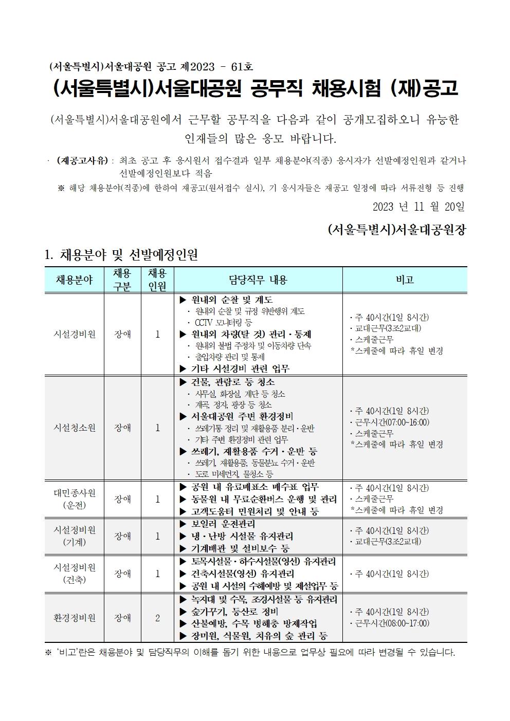 서울대공원 공무직 채용시험(재)공고 채용분야 : 시설경비원, 시설청소원, 대민종사원(운전), 시설정비원(기계, 건축), 환경정비원